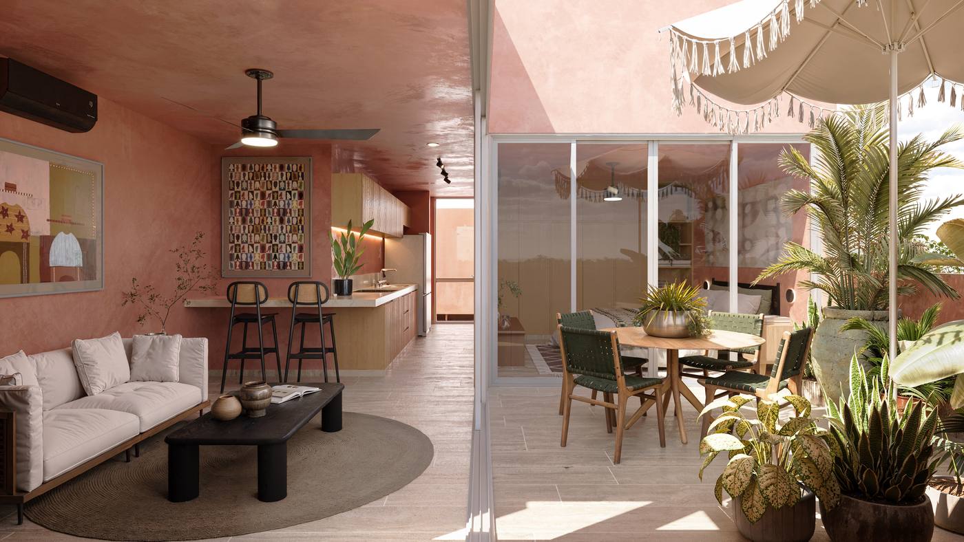 Interior de una vivienda de San Cosme 27, sala y cocina abiertas a la terraza